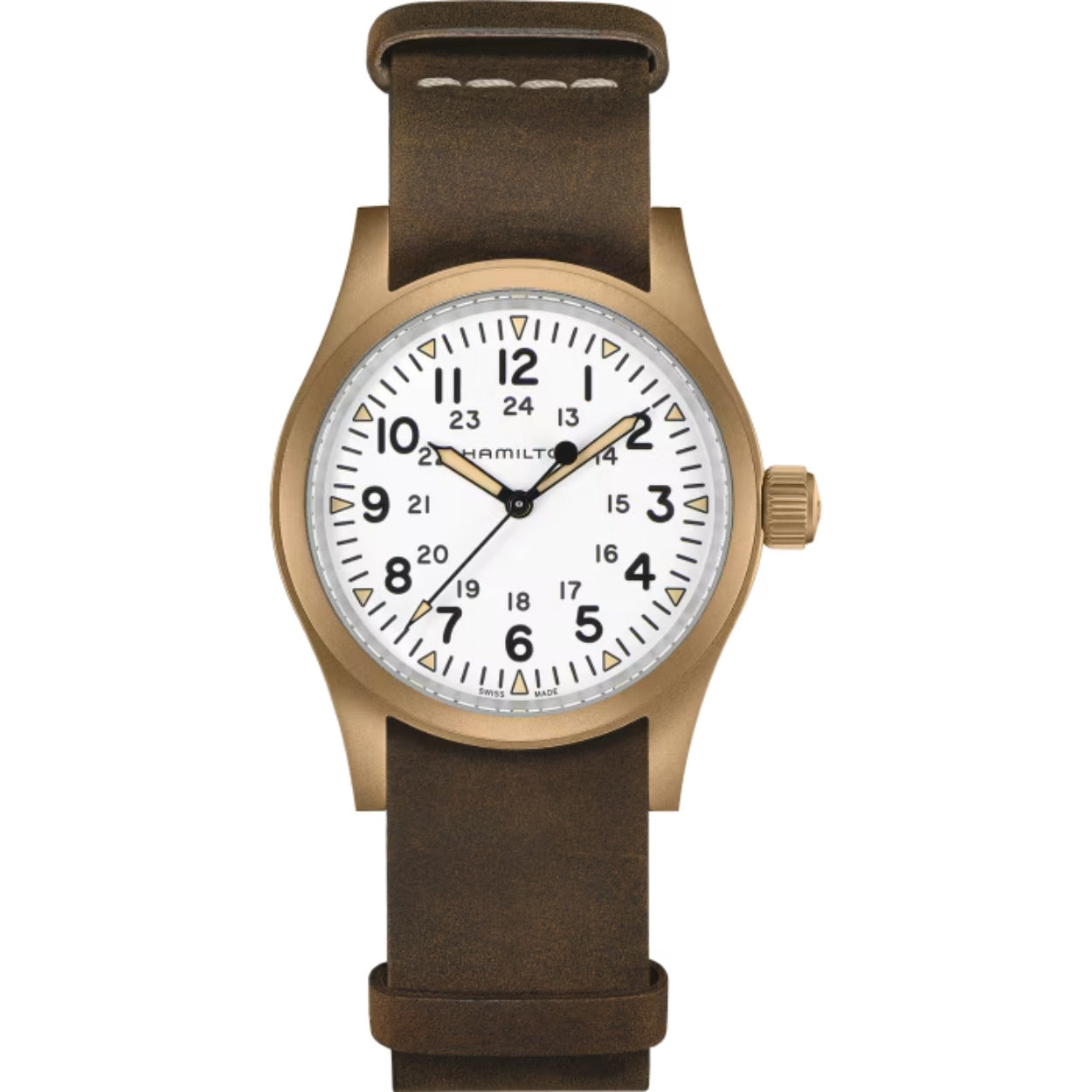 Hamilton Khaki Field Mechanical Bronze H69459510 analog herrklocka med vit urtavla och armband i läder