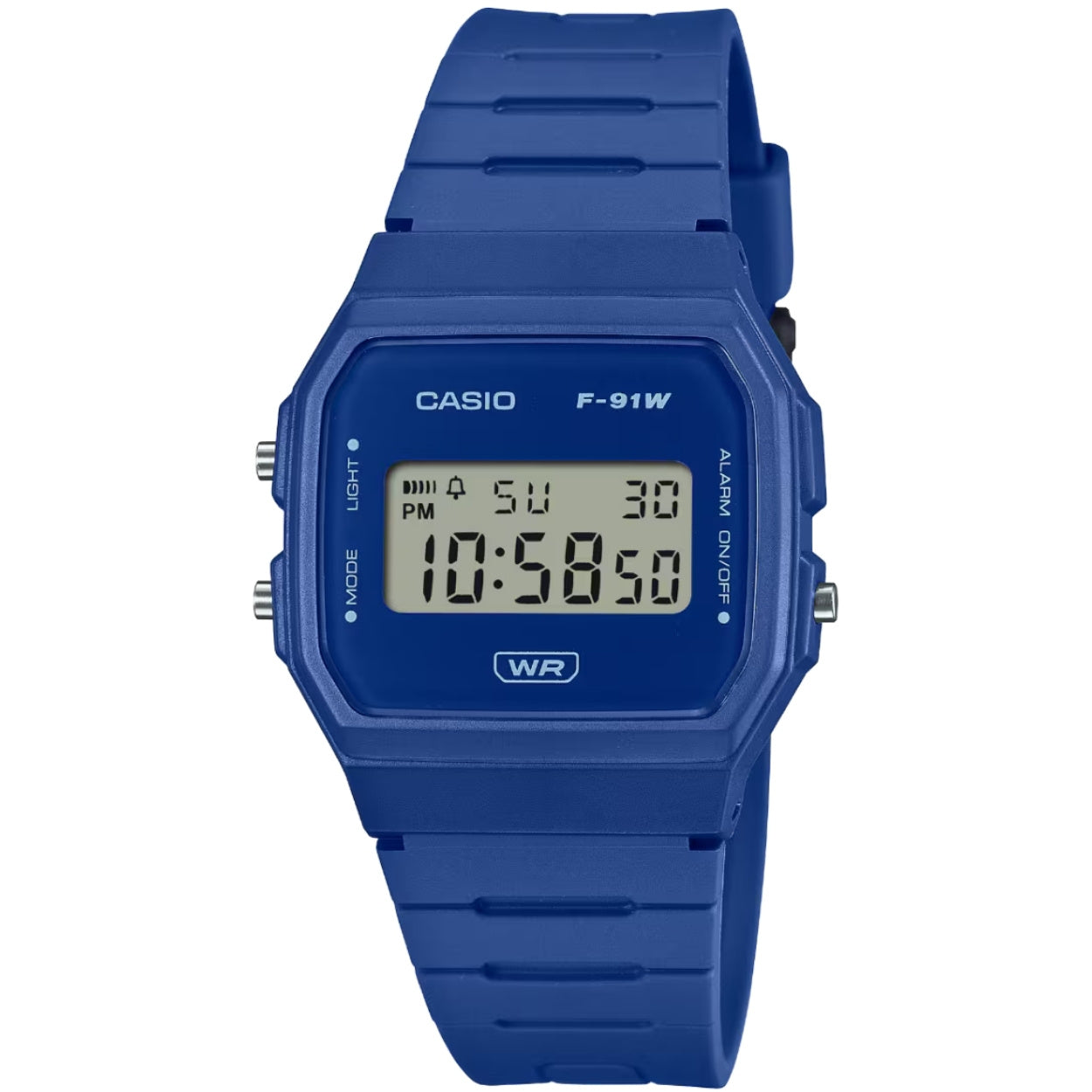 Casio Timeless F-91WB-2A1EF digital unisexklocka med blå urtavla och armband i resin