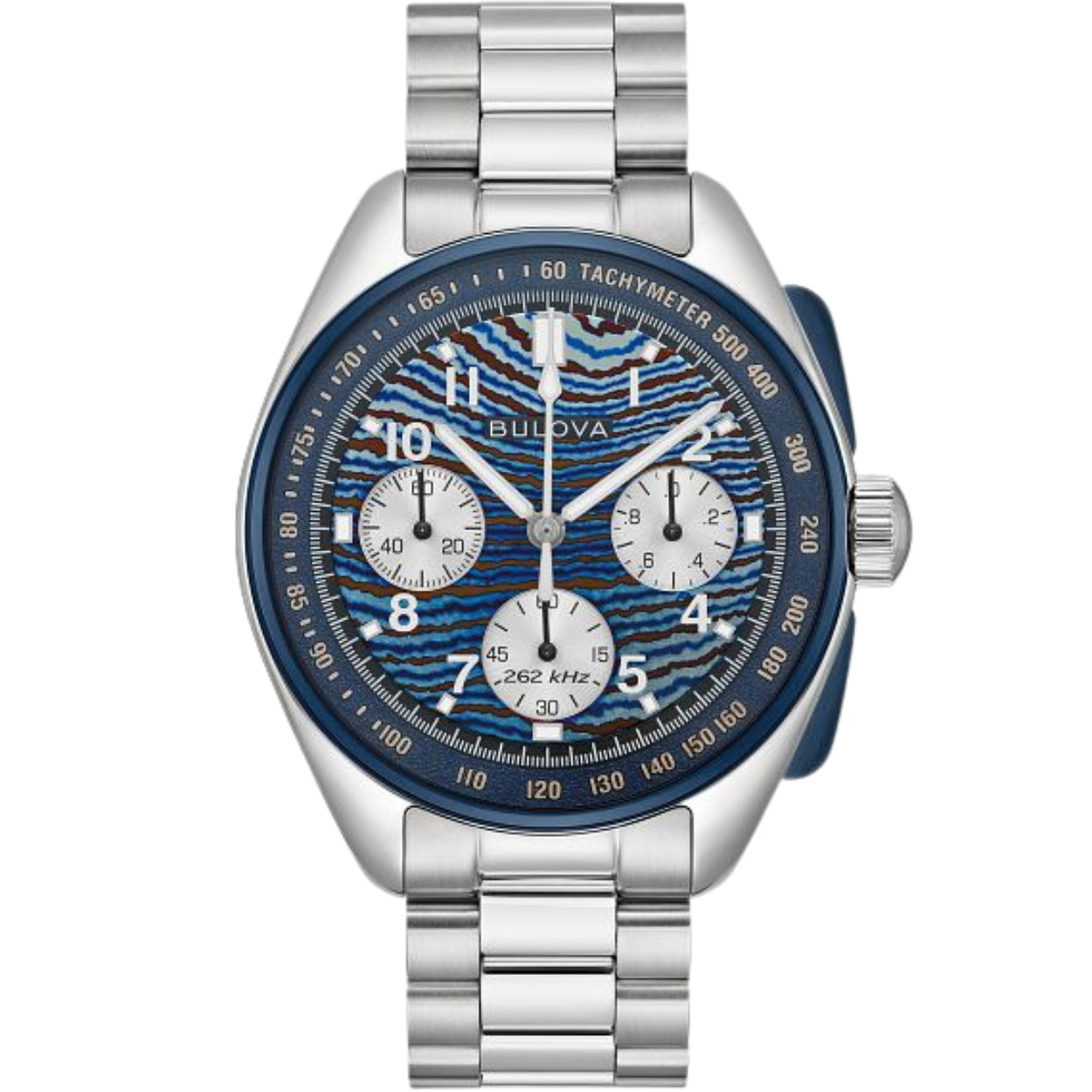 Bulova Lunar Pilot Timascus 98A329 analog herrklocka med blå urtavla och armband i rostfritt stål