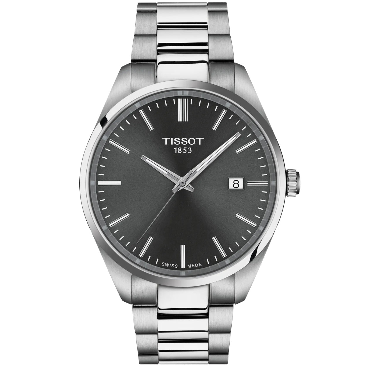 Tissot PR 100 T150.410.11.081.00 analog herrklocka med grå urtavla och armband i rostfritt stål