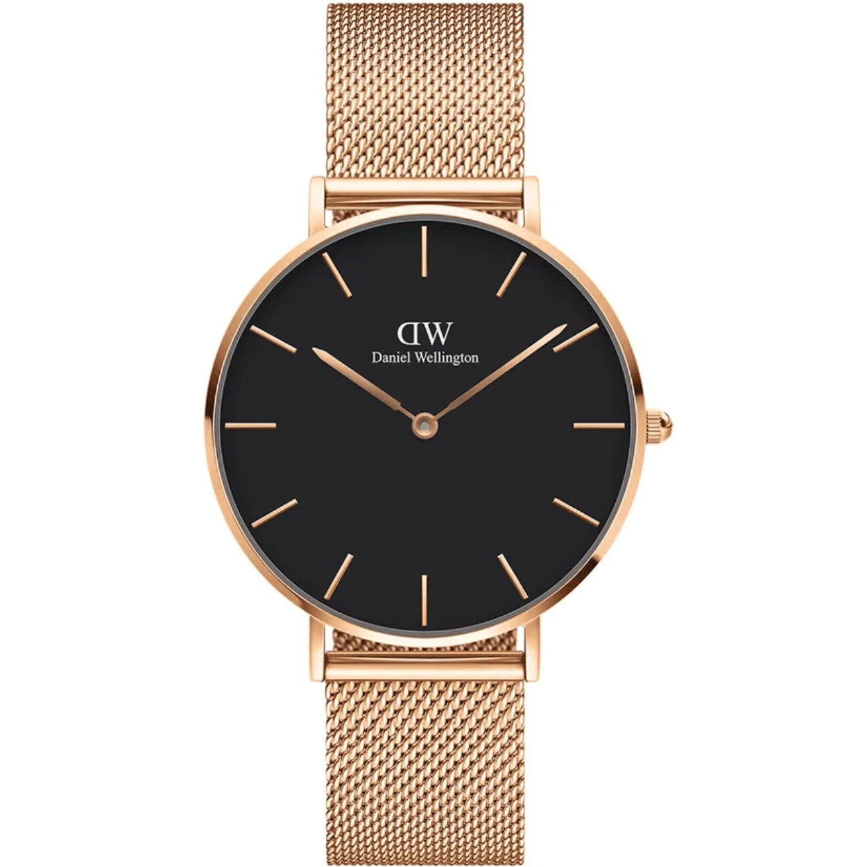 Daniel Wellington Petite Melrose Black DW00100303 analog damklocka med svart urtavla och armband i rostfritt stål