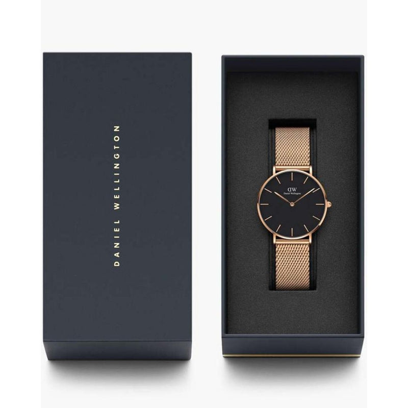 Daniel Wellington Petite Melrose Black DW00100303 analog damklocka med svart urtavla och armband i rostfritt stål
