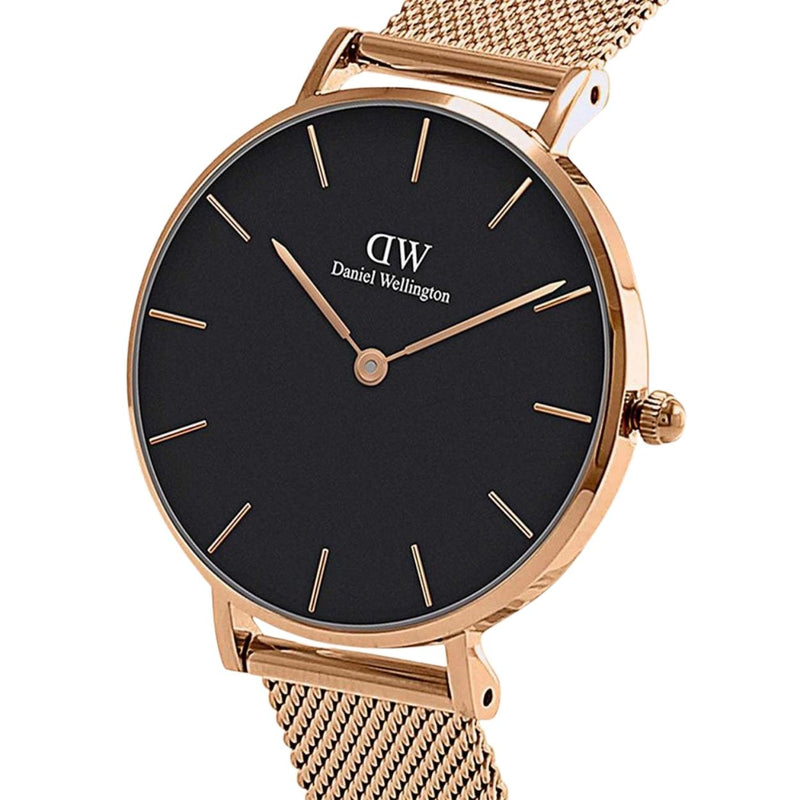 Daniel Wellington Petite Melrose Black DW00100303 analog damklocka med svart urtavla och armband i rostfritt stål