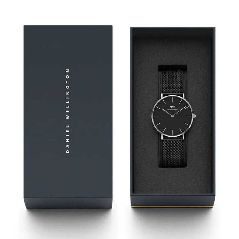 Daniel Wellington Petite Ashfield DW00100308 analog damklocka med svart urtavla och armband i rostfritt stål