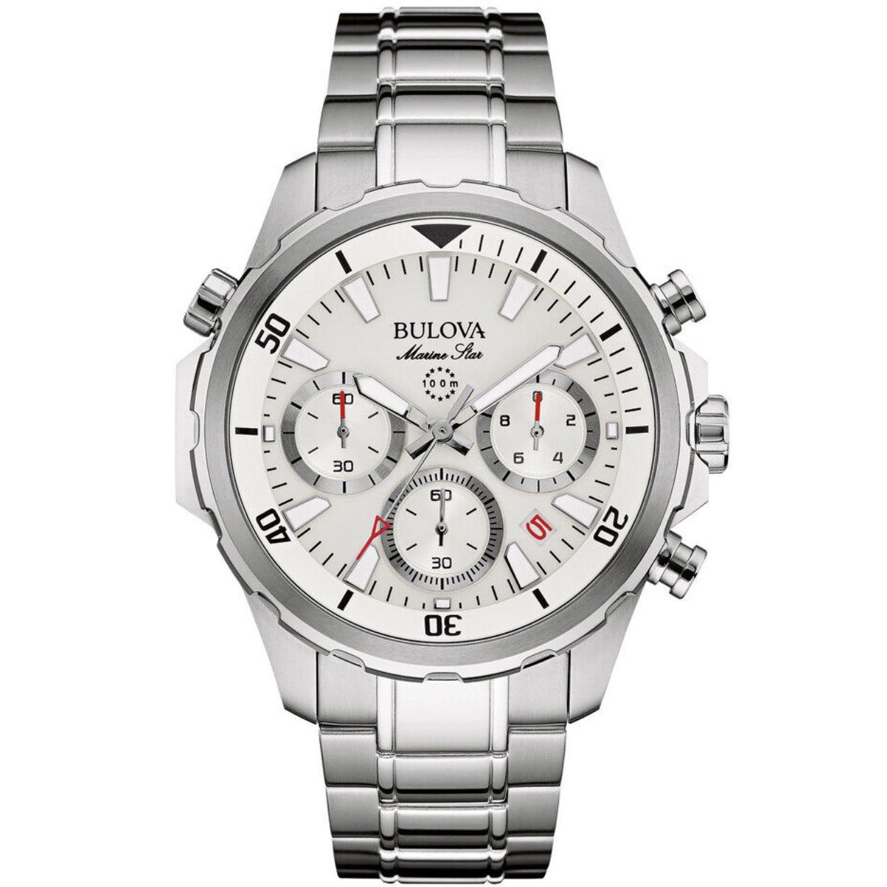 Bulova Marine Star Kronograf 96B255 analog herrklocka med vit urtavla och armband i rostfritt stål