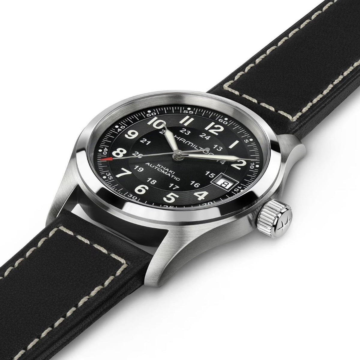 Hamilton Khaki Field Auto H70455733 analog herrklocka med svart urtavla och armband i läder
