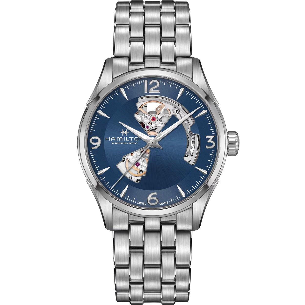 Hamilton Jazzmaster Open Heart Auto H32705141 analog herrklocka med blå urtavla och armband i rostfritt stål