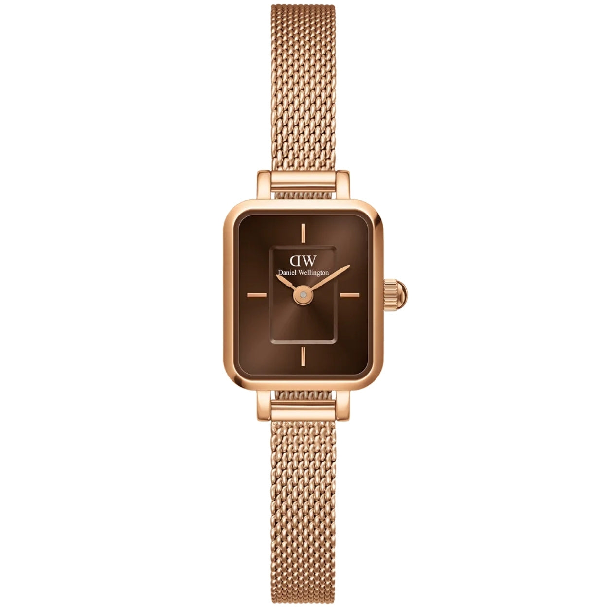 Daniel Wellington Quadro Mini Melrose Rose Gold Amber analog damklocka med brun urtavla och armband i rostfritt stål