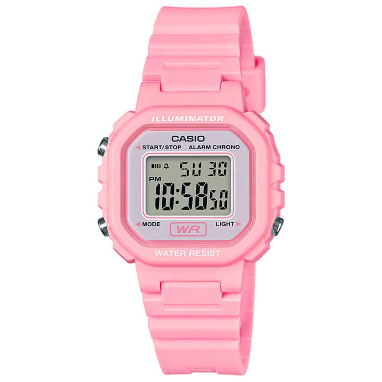 Casio Classic LA-20WH-4A1EF digital damklocka med rosa urtavla och armband i resin
