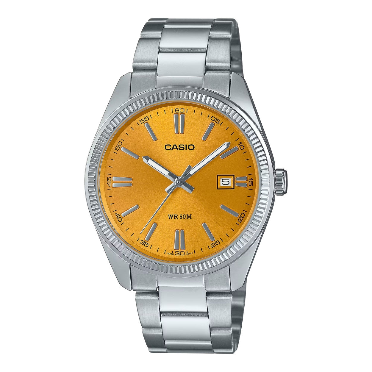 Casio Timeless MTP-1302PD-9AVEF analog herrklocka med orange urtavla och armband i rostfritt stål