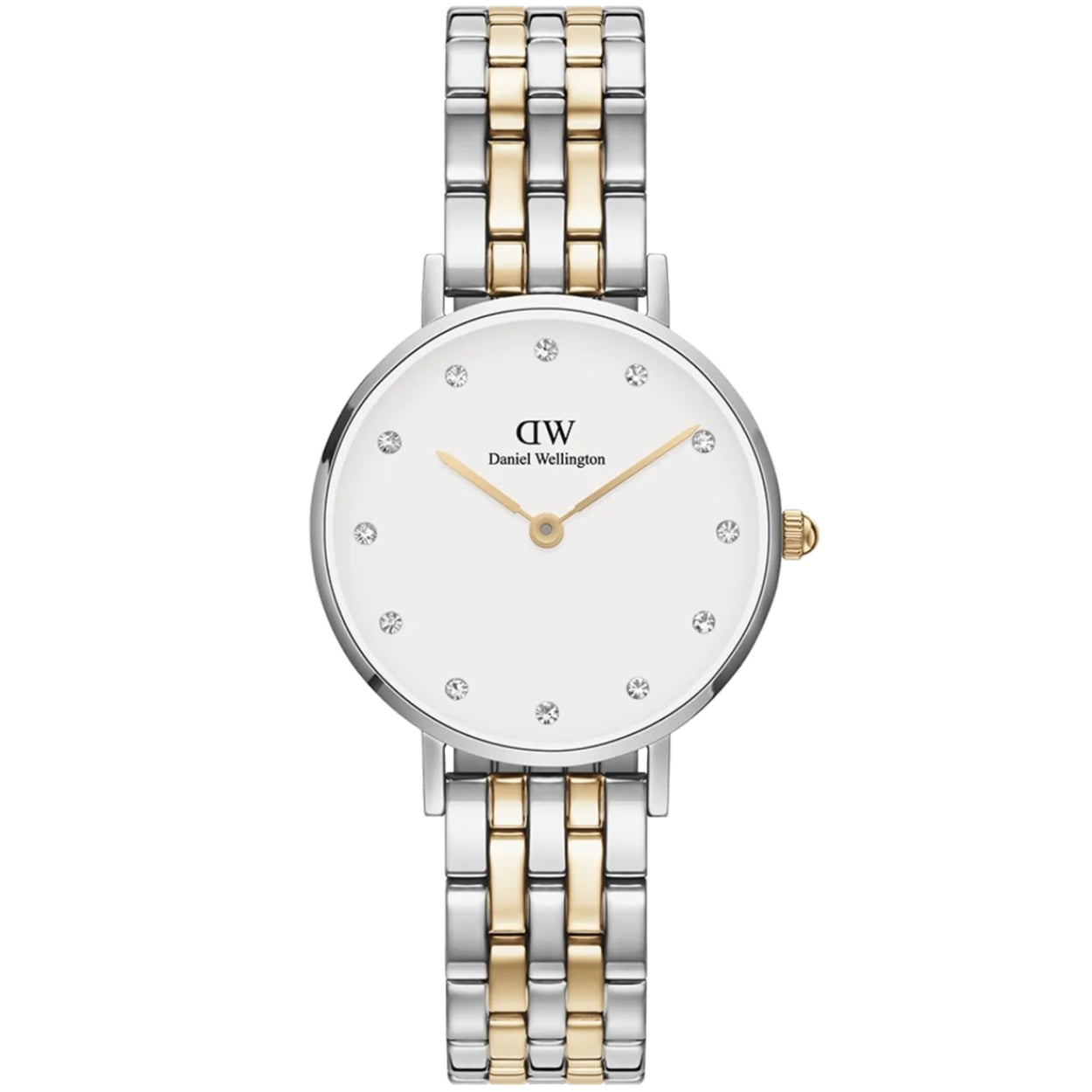 Daniel Wellington Petite Lumine 5-Link Two-Tone analog damklocka med vit urtavla och armband i rostfritt stål