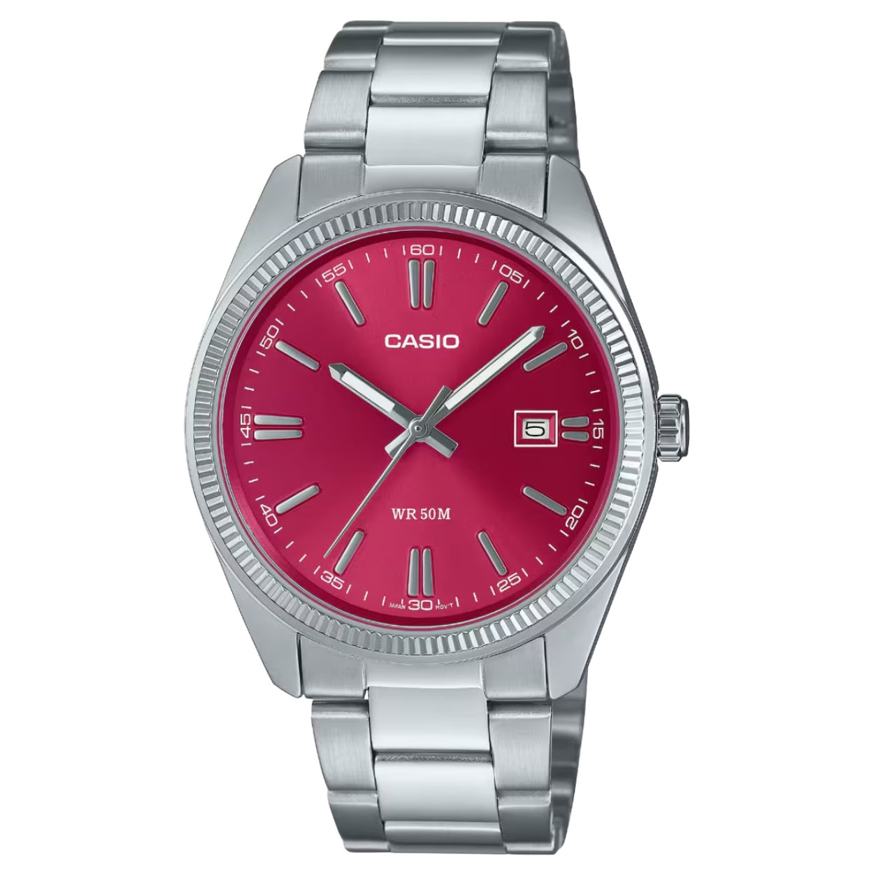 Casio Timeless MTP-1302PD-4AVEF analog herrklocka med rött urtavla och armband i rostfritt stål