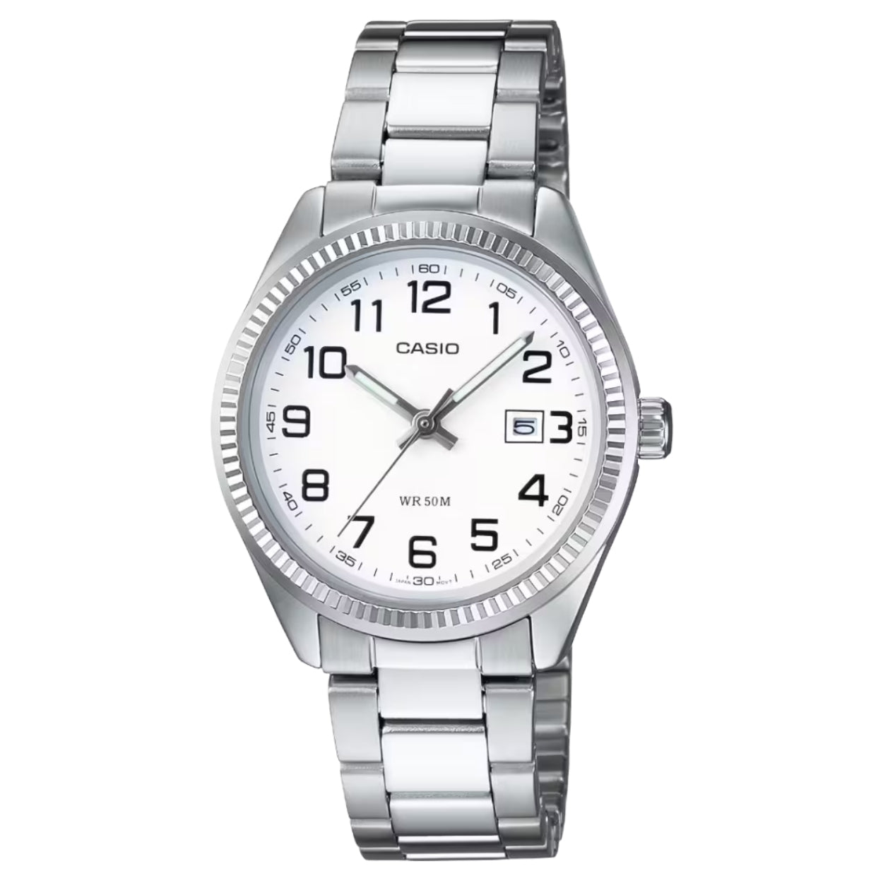 Casio Collection LTP-1302PD-7BVEG analog damklocka med vit urtavla och armband i rostfritt stål