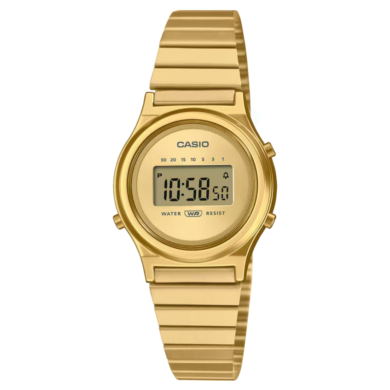 Casio Vintage LA700WEG-9AEF digital damklocka med guld urtavla och armband i rostfritt stål