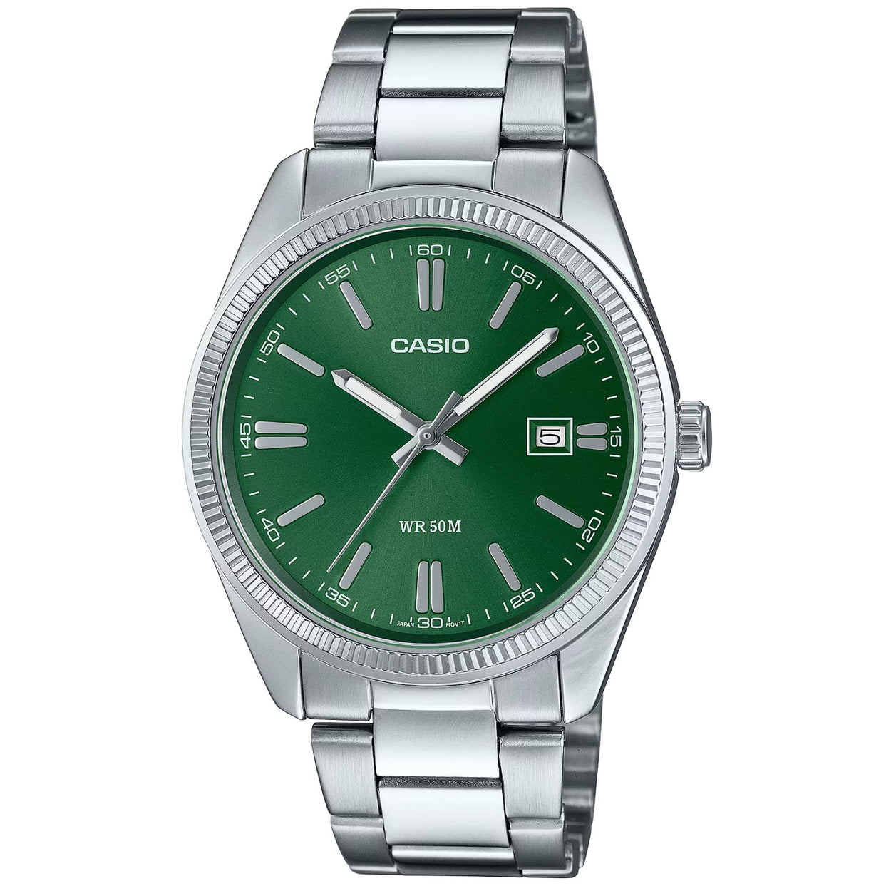Casio Timeless MTP-1302PD-3AVEF analog herrklocka med grön urtavla och armband i rostfritt stål