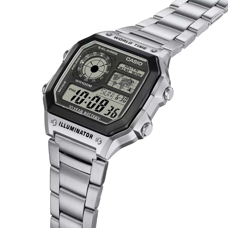 Casio Timeless AE-1200WHD-1AVEF digital herrklocka med svart urtavla och armband i rostfritt stål