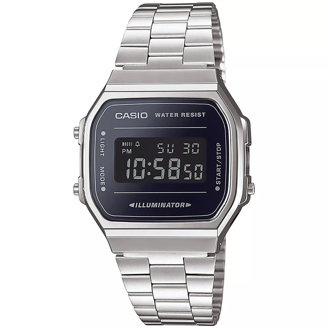 Casio Vintage A168WEM-1EF digital herrklocka med svart urtavla och armband i rostfritt stål