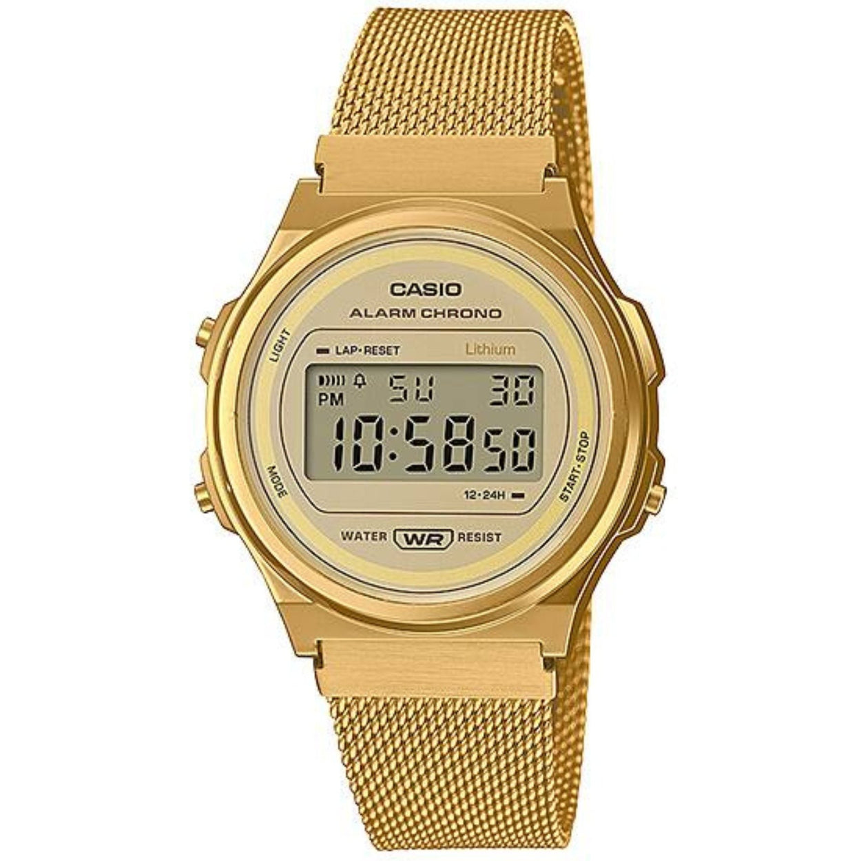 Casio Vintage A171WEMG-9AEF digital herrklocka med guld urtavla och armband i rostfritt stål
