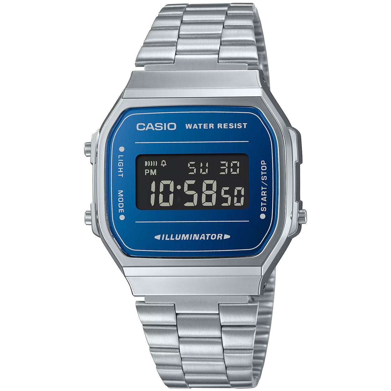 Casio Vintage A168WEM-2BEF digital herrklocka med blå urtavla och armband i rostfritt stål