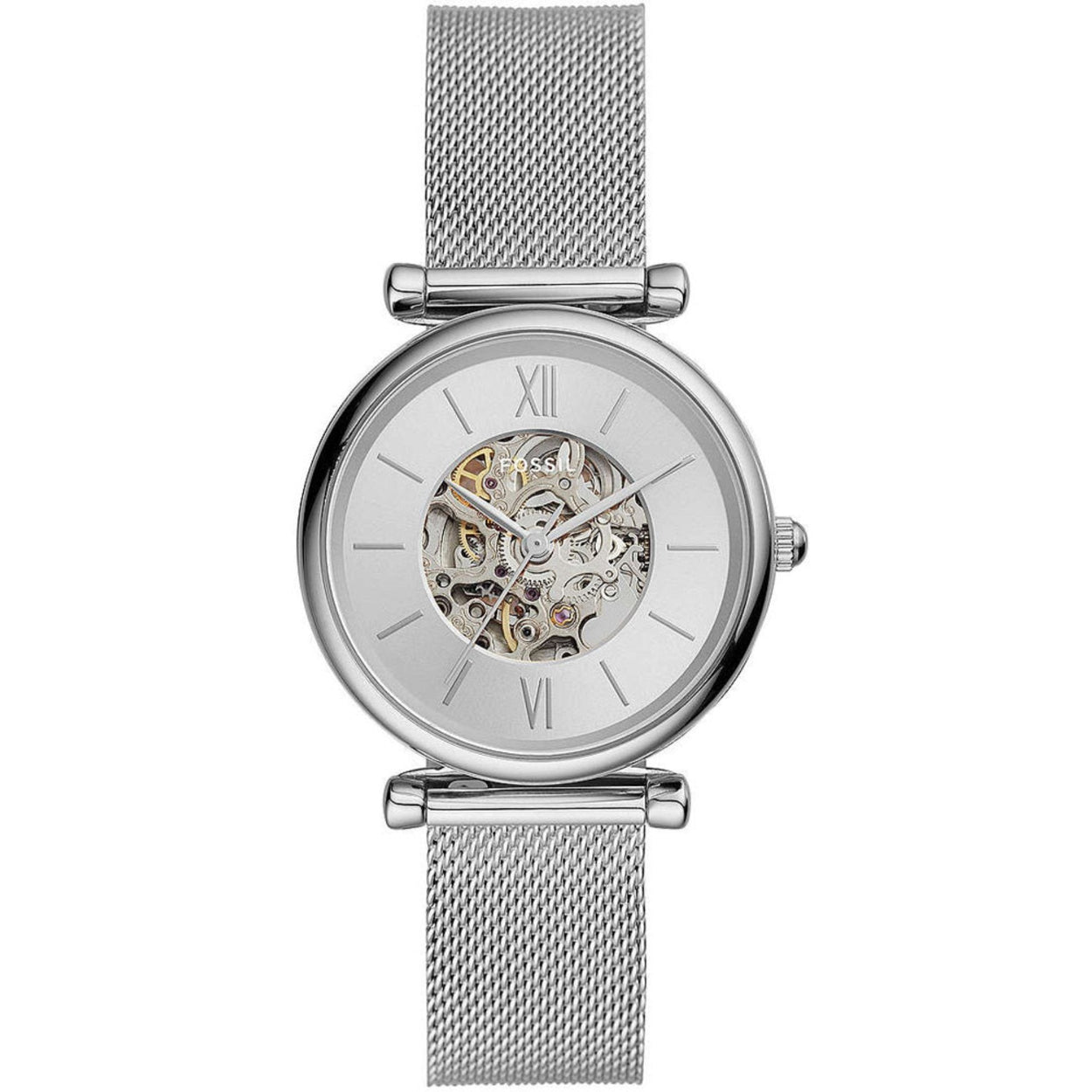 Fossil Automatiskt urverk ME3176 analog damklocka med silver urtavla och armband i rostfritt stål
