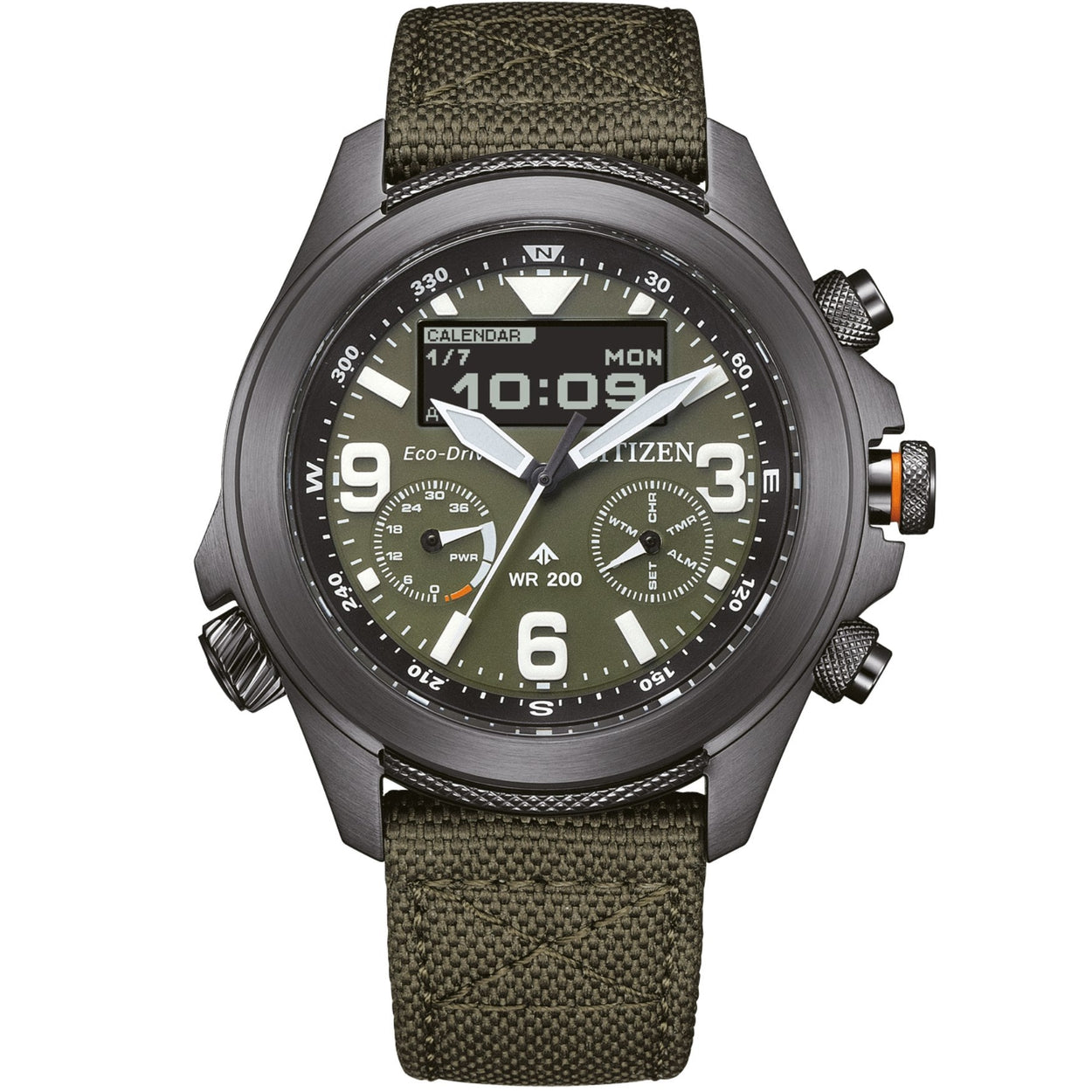 Citizen Eco-Drive Promaster Land JV1005-02W ana-digi herrklocka med grön urtavla och armband i nylon