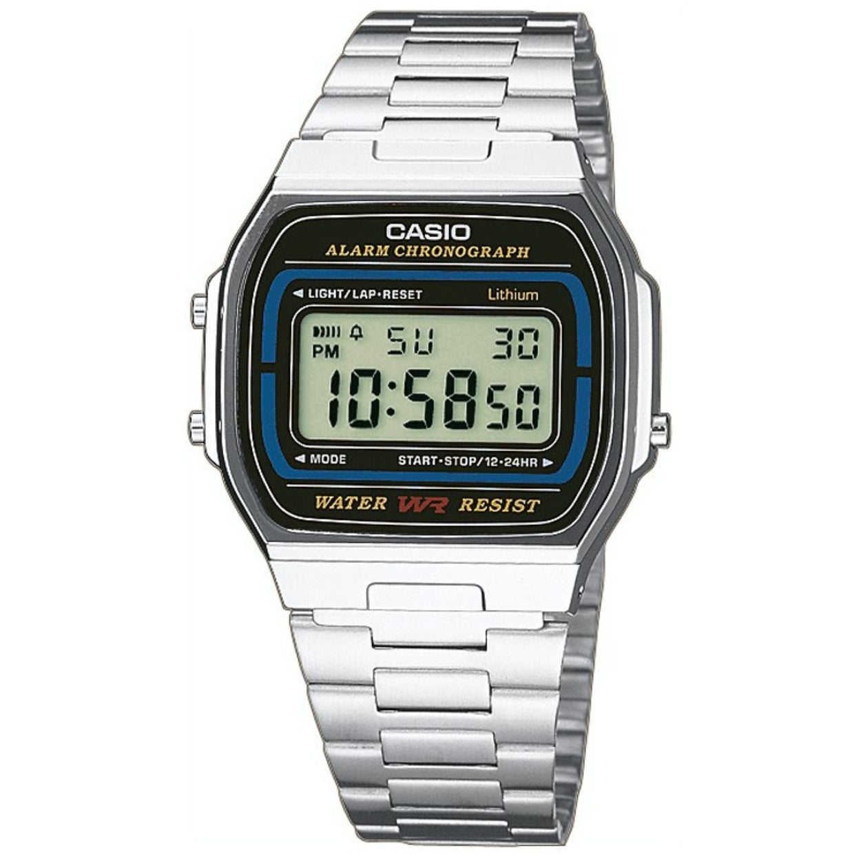 Casio Vintage A164WA-1VES digital herrklocka med svart urtavla och armband i rostfritt stål