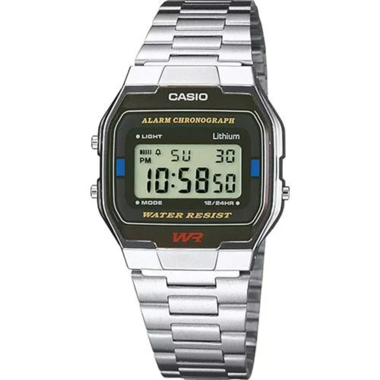 Casio Vintage A163WA-1QES digital unisexklocka med svart urtavla och armband i rostfritt stål