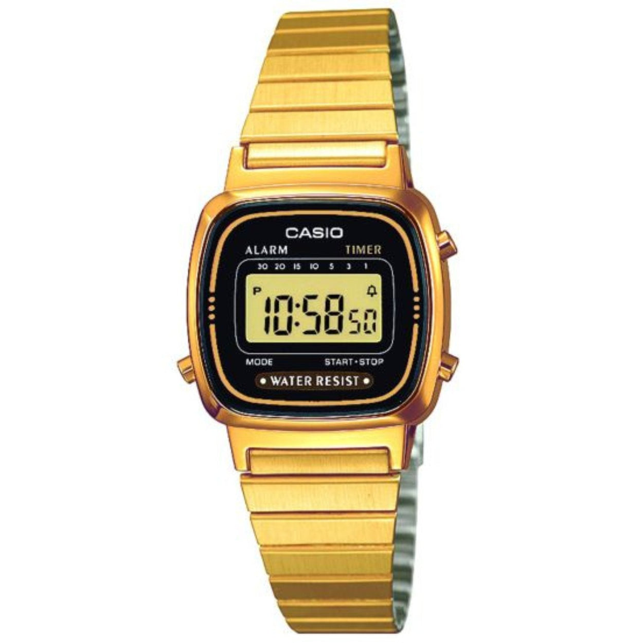 Casio Vintage LA670WEGA-1EF digital unisexklocka med svart urtavla och armband i rostfritt stål