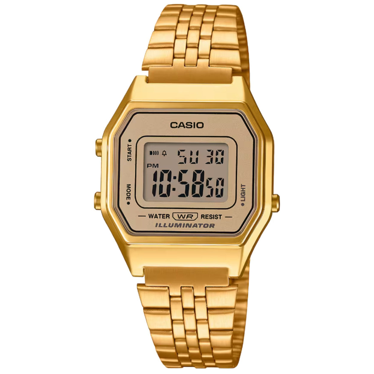Casio Vintage LA680WEGA-9ER digital damklocka med guld urtavla och armband i rostfritt stål