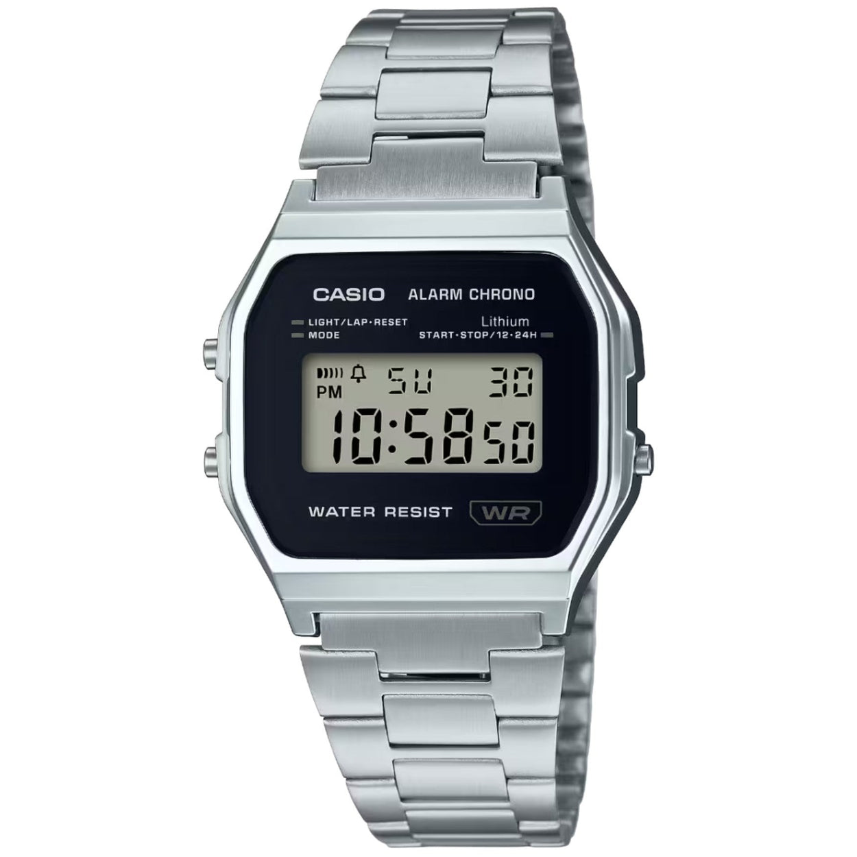 Casio Vintage A158WEA-1EF digital herrklocka med svart urtavla och armband i rostfritt stål