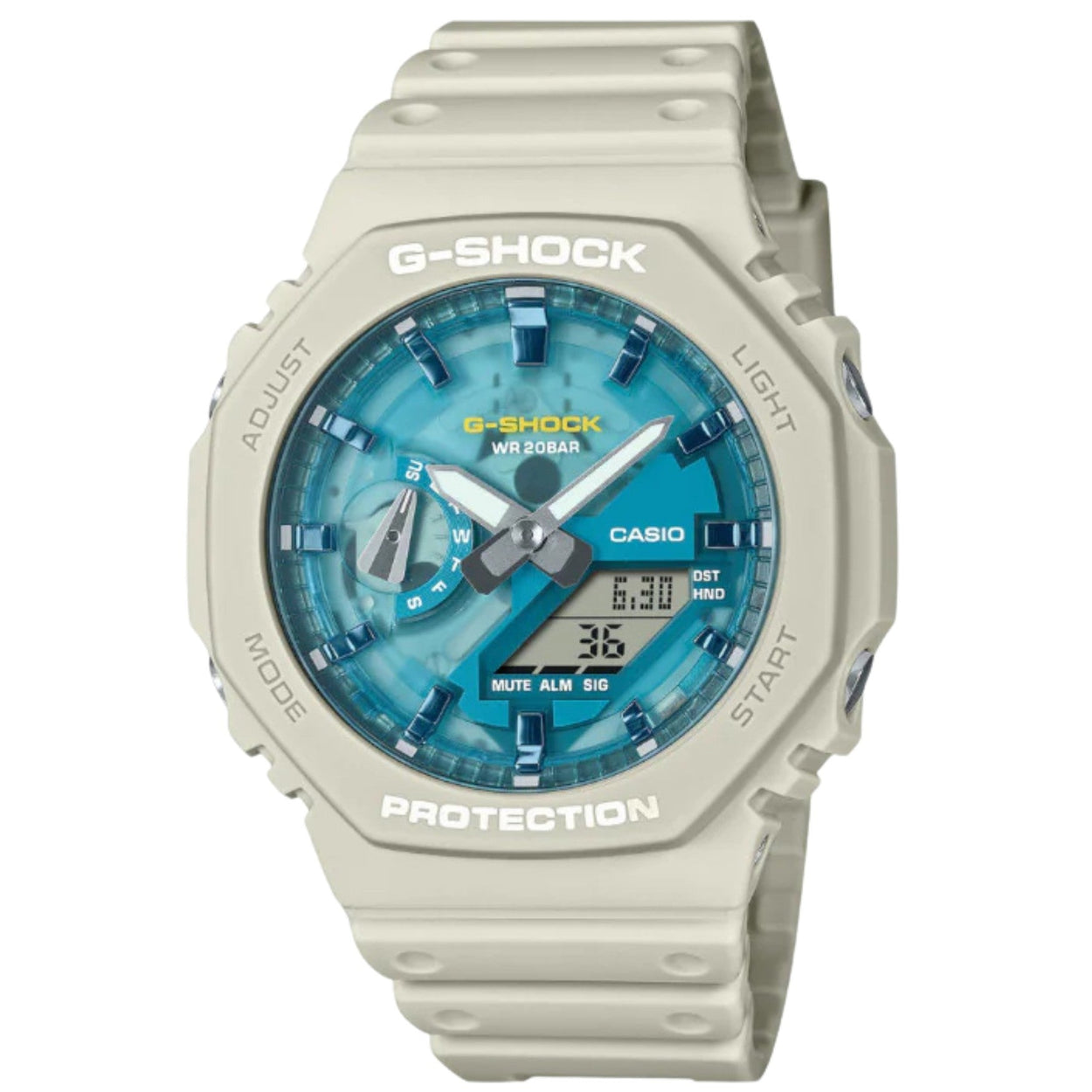 Casio G-Shock GA-2100AS-5AER analog herrklocka med blå urtavla och armband i resin