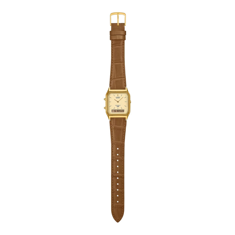 Casio Vintage AQ-230EGL-9AEF analog unisexklocka med guld urtavla och armband i läder