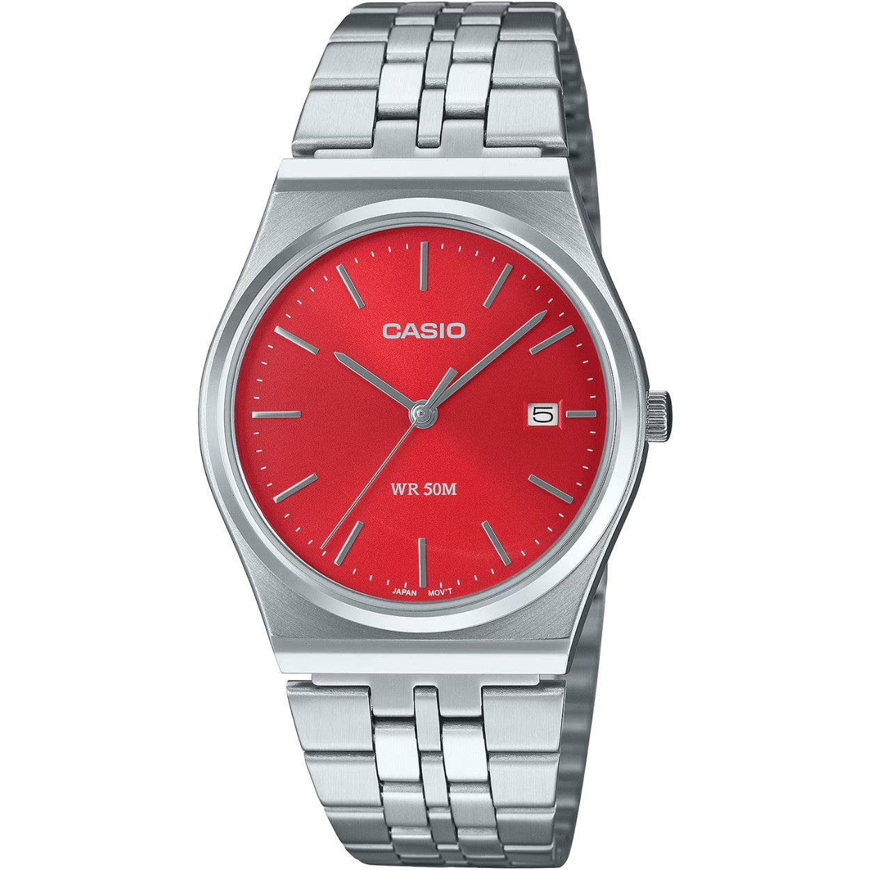 Casio Timeless MTP-B145D-4A2VEF analog unisexklocka med rött urtavla och armband i rostfritt stål