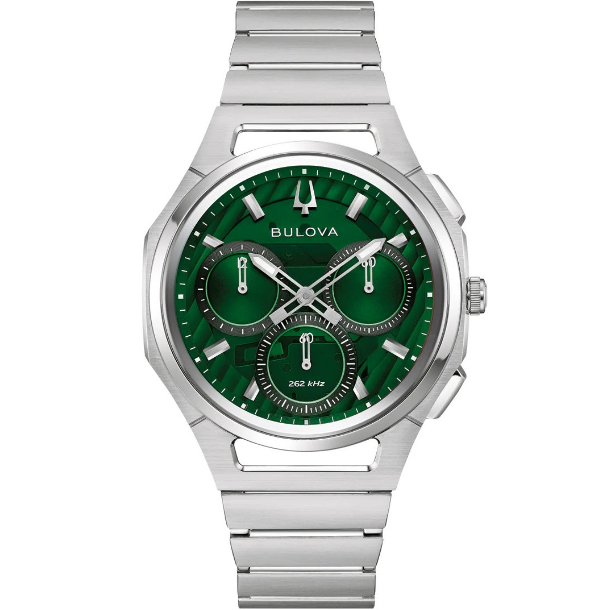 Bulova Curv 96A338 analog herrklocka med grön urtavla och armband i rostfritt stål