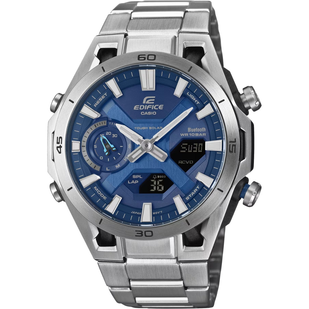 Casio Edifice ECB-2300D-2AEF analog herrklocka med blå urtavla och armband i rostfritt stål