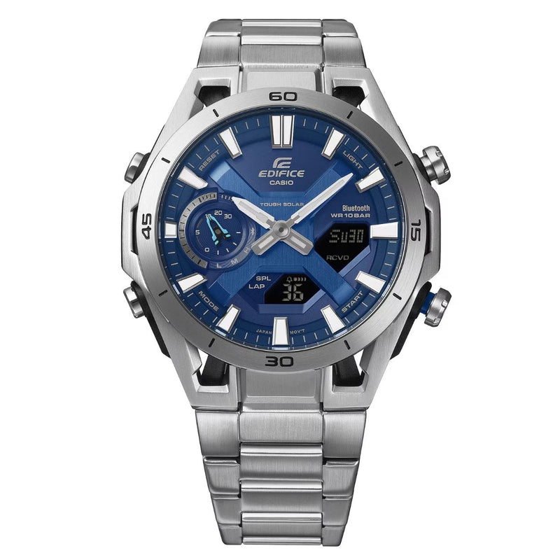 Casio Edifice ECB-2300D-2AEF analog herrklocka med blå urtavla och armband i rostfritt stål