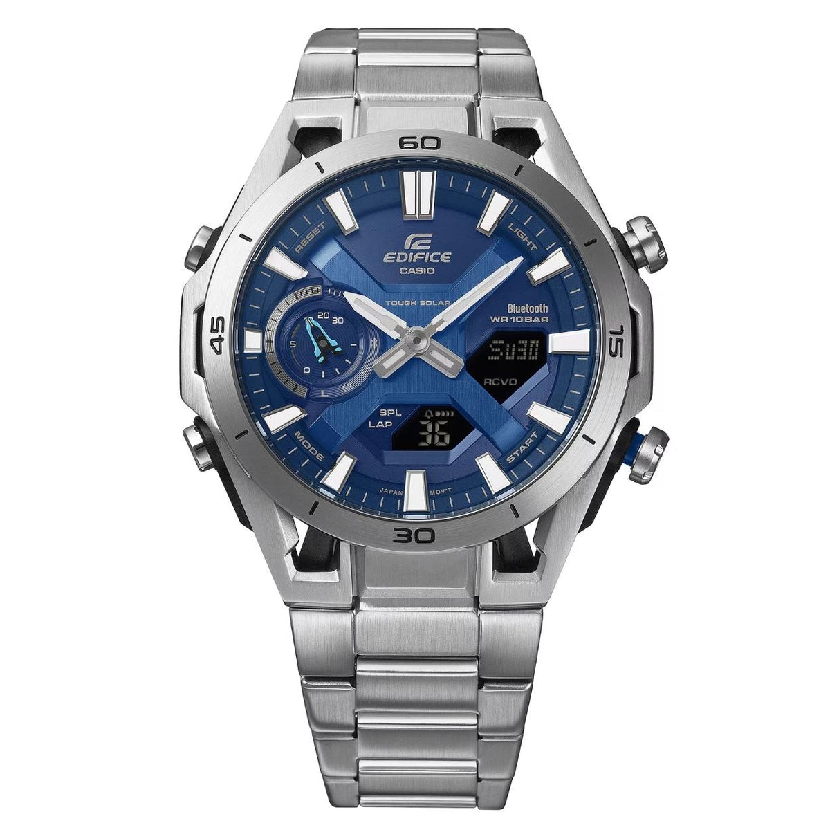 Casio Edifice ECB-2300D-2AEF analog herrklocka med blå urtavla och armband i rostfritt stål