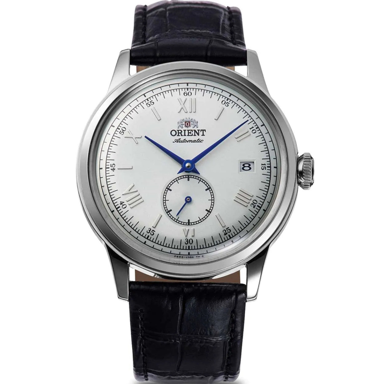 Orient Bambino RA-AP0104S30B analog herrklocka med silver urtavla och armband i läder