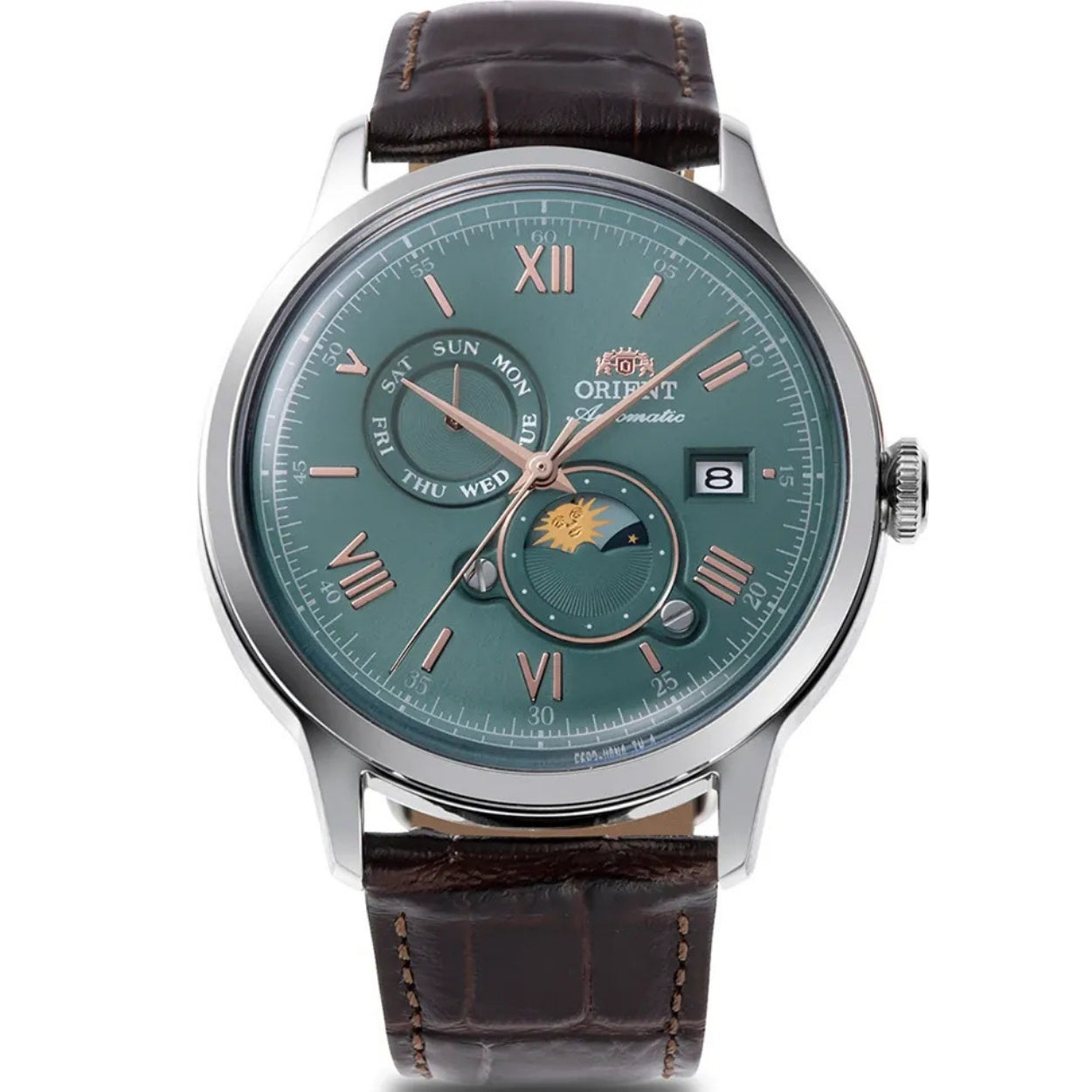 Orient Bambino RA-AK0805E30B analog herrklocka med grön urtavla och armband i läder