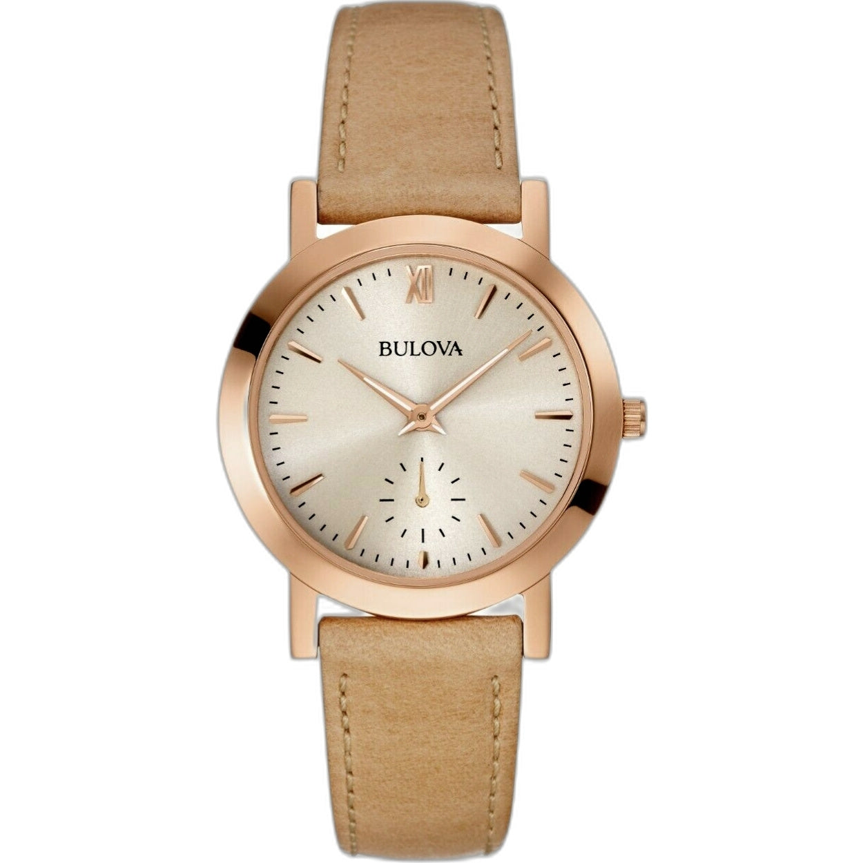 Bulova Classic 97L146 analog damklocka med vit urtavla och armband i läder
