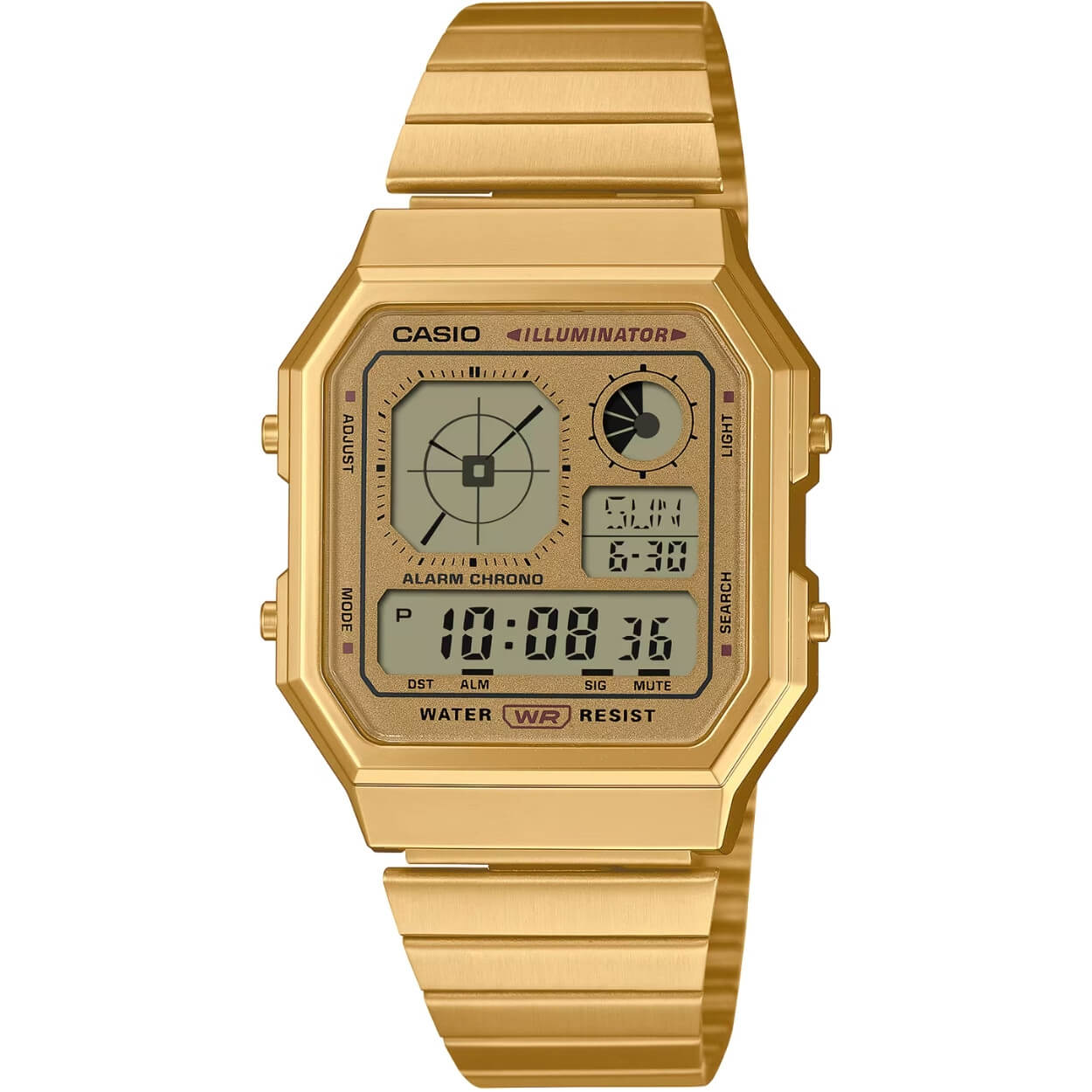 Casio EDGY A130WEG-9AEF digital unisexklocka med guld urtavla och armband i rostfritt stål
