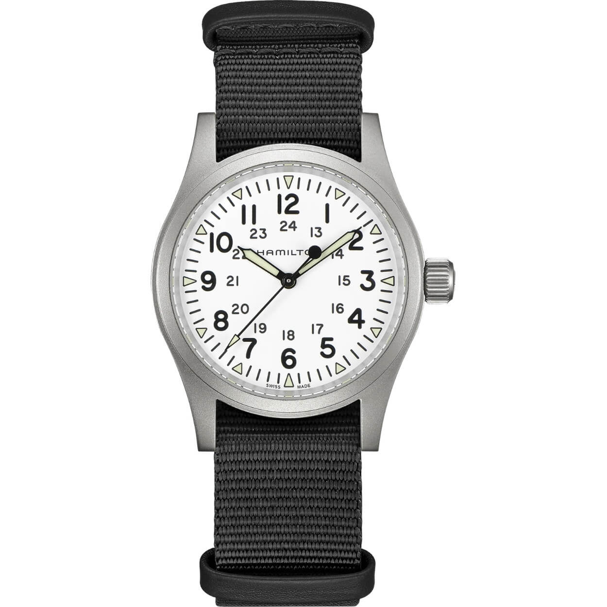 Hamilton Khaki Field Mechanical H69439910 analog herrklocka med vit urtavla och armband i rostfritt stål