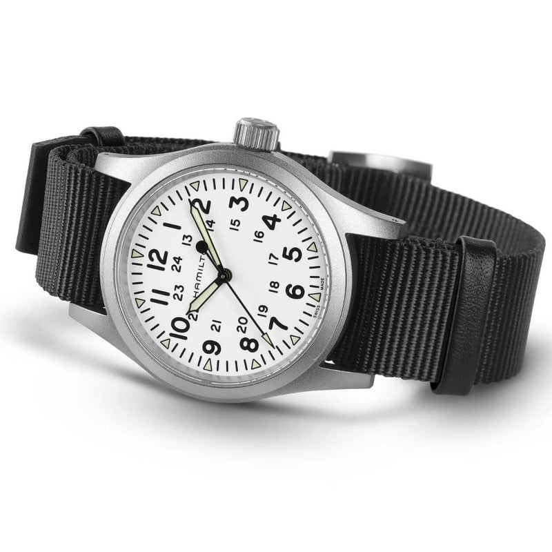 Hamilton Khaki Field Mechanical H69439910 analog herrklocka med vit urtavla och armband i rostfritt stål