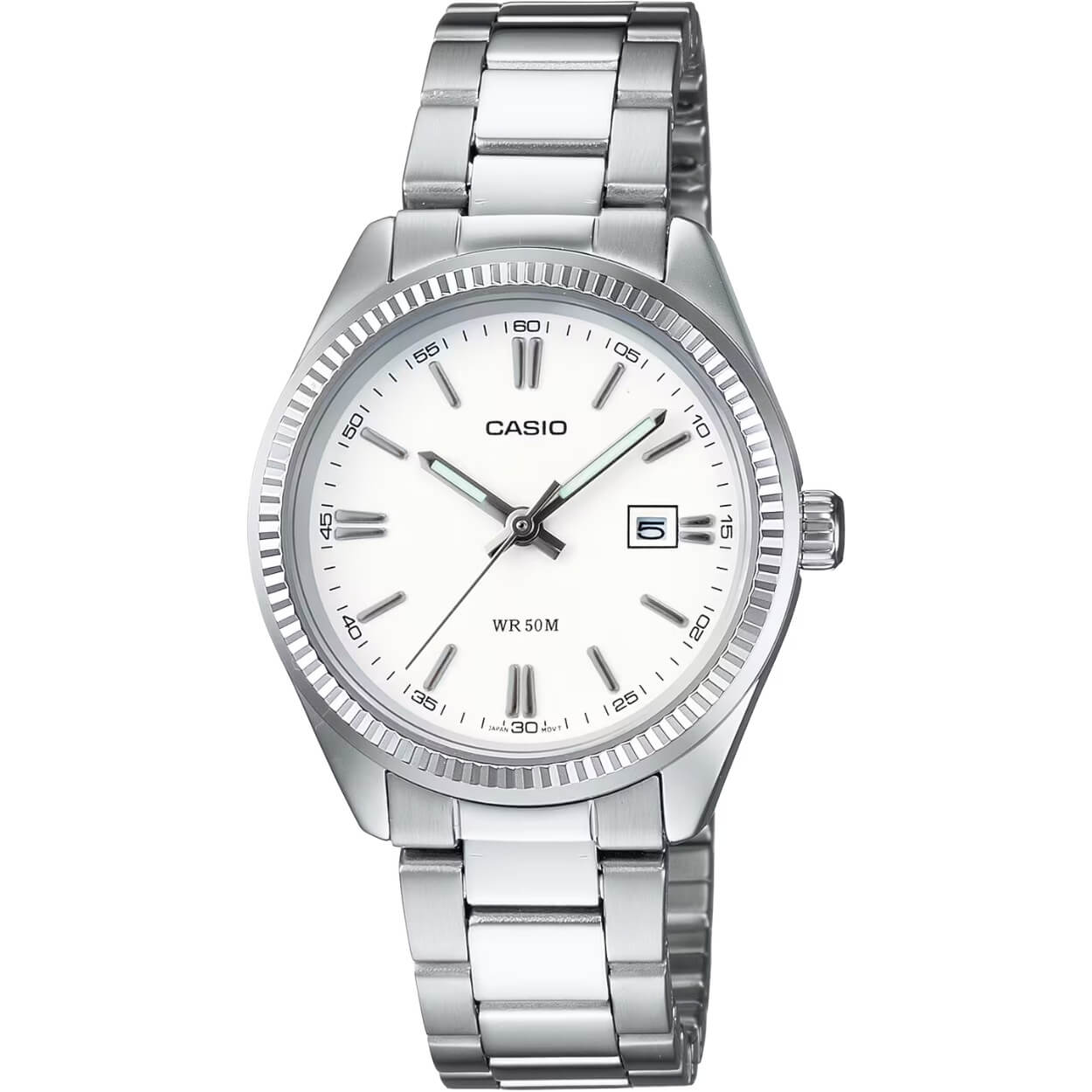 Casio Collection LTP-1302PD-7A1VEG analog damklocka med vit urtavla och armband i rostfritt stål