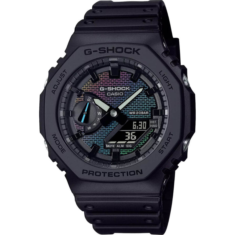 Casio G-Shock GA-2100RW-1AER digital herrklocka med rainbow urtavla och armband i resin