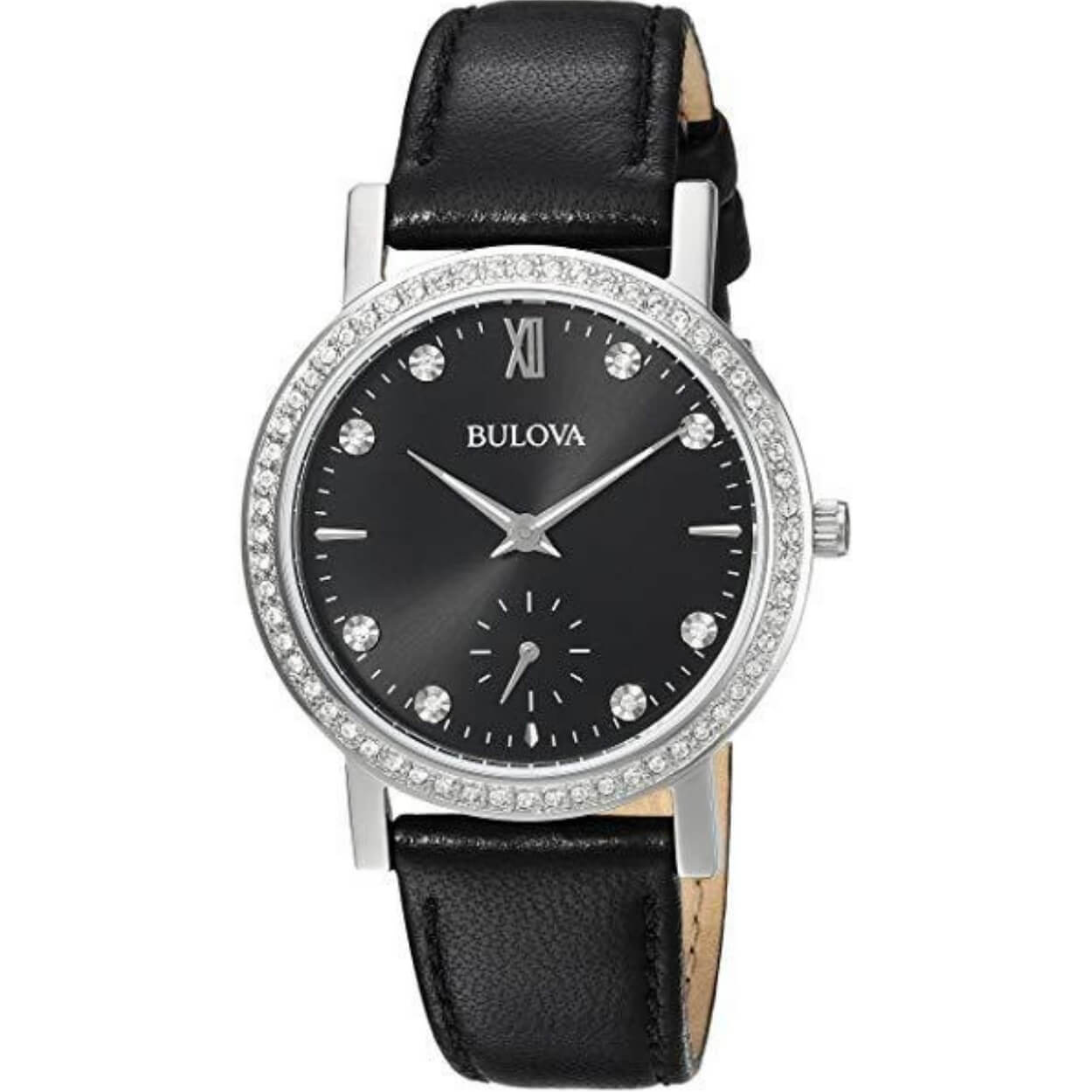 Bulova Classic Crystal 96L246 analog damklocka med svart urtavla och armband i läder