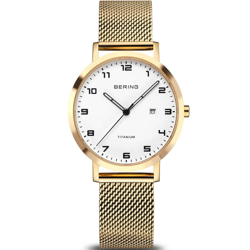 Bering Titanium 18634-334 analog damklocka med vit urtavla och armband i rostfritt stål