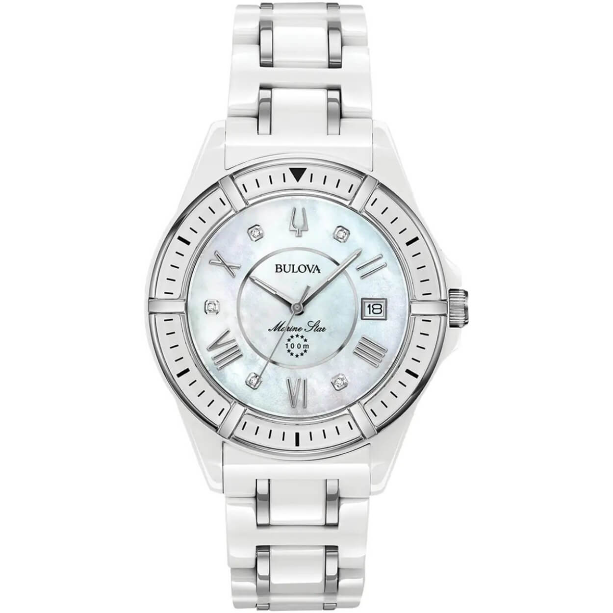 Bulova Marine Star 98P172 analog damklocka med pärlemor urtavla och armband i rostfritt stål
