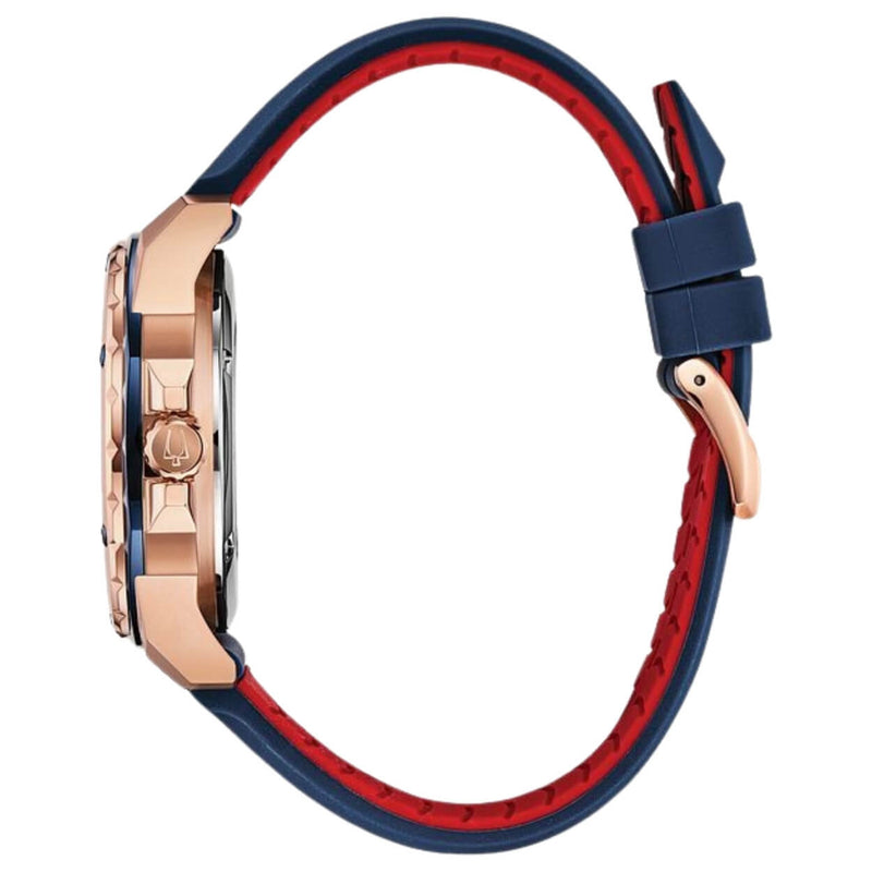 Bulova Marine Star 98A227 analog herrklocka med blå urtavla och armband i silikon