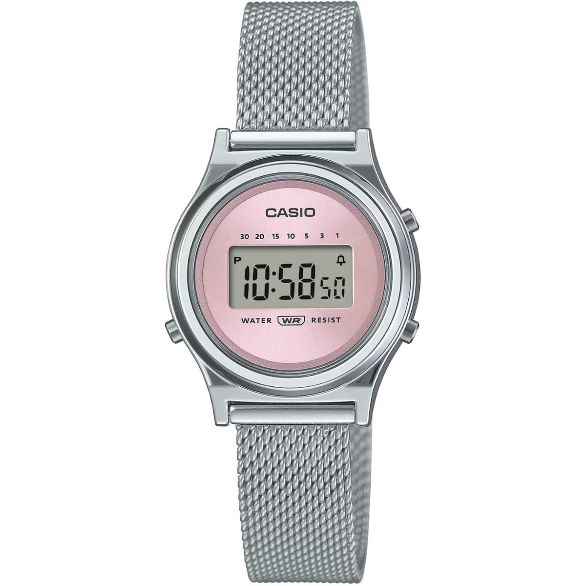 Casio Vintage LA700WEM-4AEF digital damklocka med rosa urtavla och armband i rostfritt stål